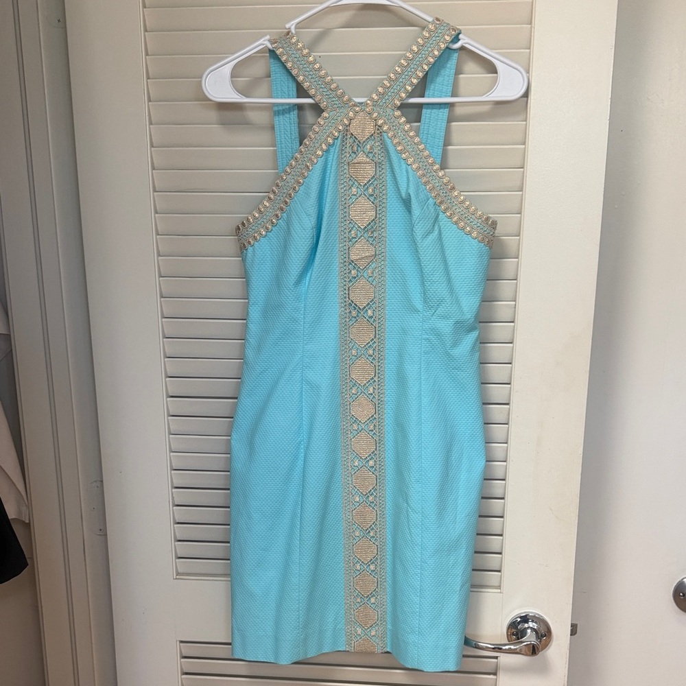 Lilly Pulitzer Turquoise Mini Dress with Gold Trim